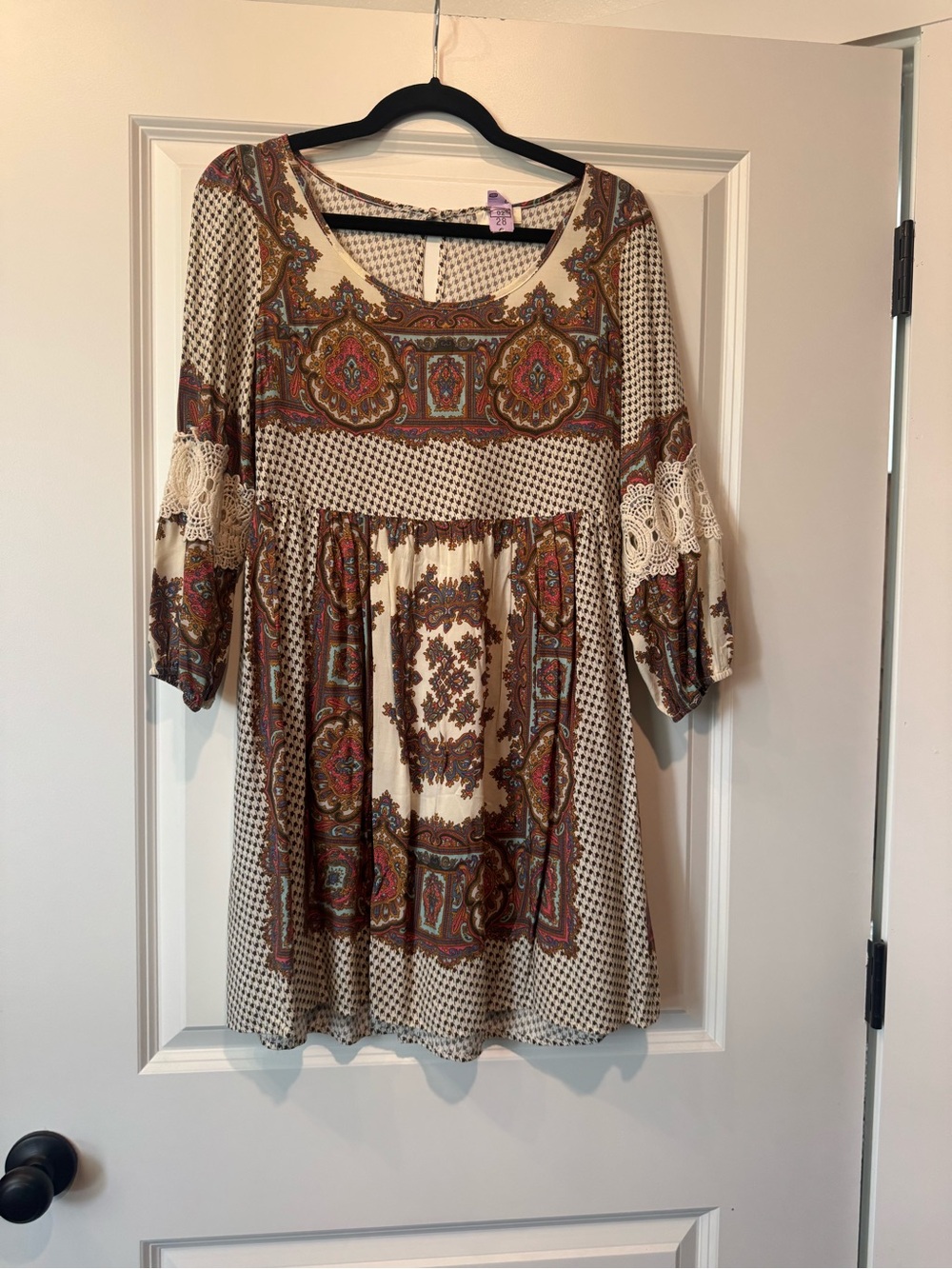 Umgee Boho Paisley Crochet Trim Tunic Dress - Cream/Brown